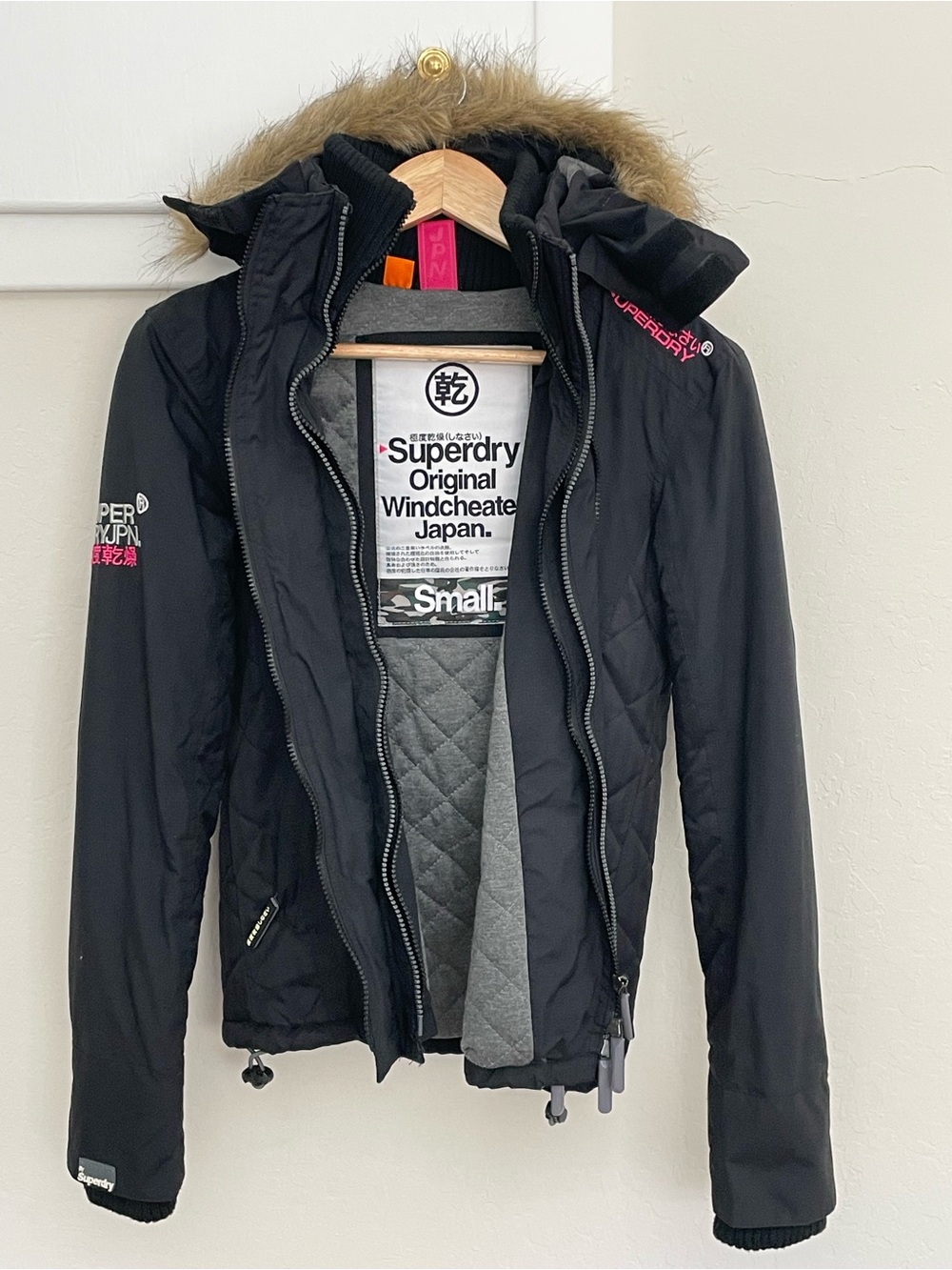 Superdry Black Original Windcheater Japan Jacket with Faux-Fur Trim